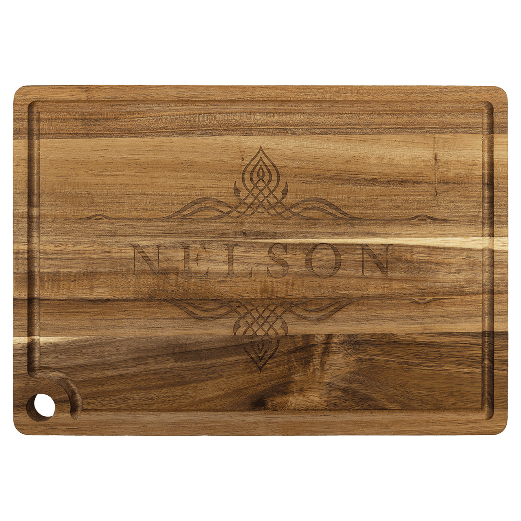 13 3/4" x 9 3/4" Acacia Cutting Board with Drip Ring and Corner Hole
