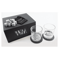 Lazerburst Whiskey Set with Two 9 oz. Glasses, Two 4" Slate Coasters, and Eight Granite Whiskey Stones with Black Velvet Bag